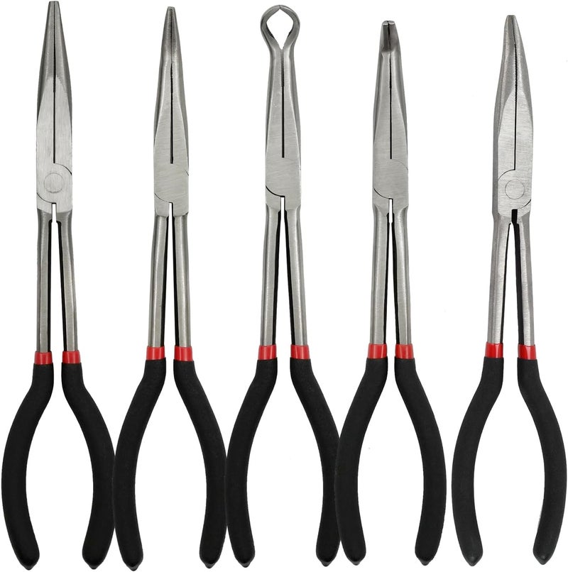 MFBJXC 5 Pack 11" Precision Long Nose Pliers Set with Insulated Comfort Grip Handles,Straight Long Needle Nose Pliers, 25/45/90° Curved & Circle for Wire Shaping/Trimming - Image 1